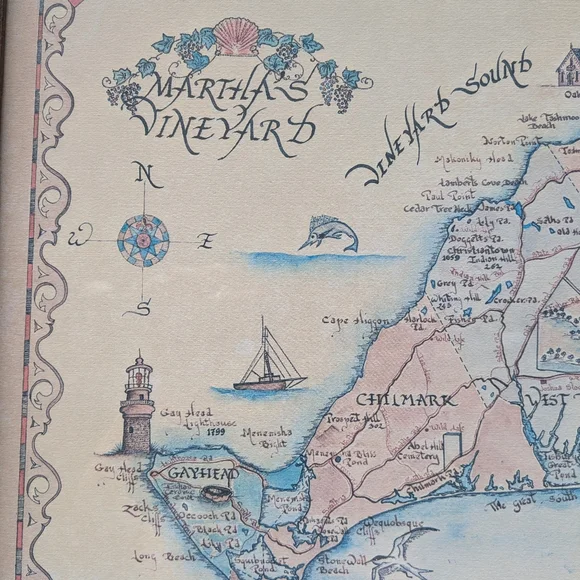 Rare Xandra Fisher Handmade Map Copyright 1979 Martha's Vineyard MA Framed